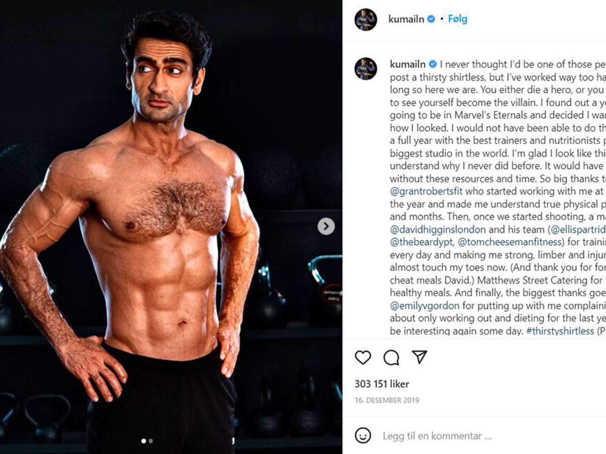 GOD TRENT: Skuespiller Kumail Nanjiana trente og spiste seg i form til rollen som Kingo i filmen Eternals. Foto: Skjermdump Instagram