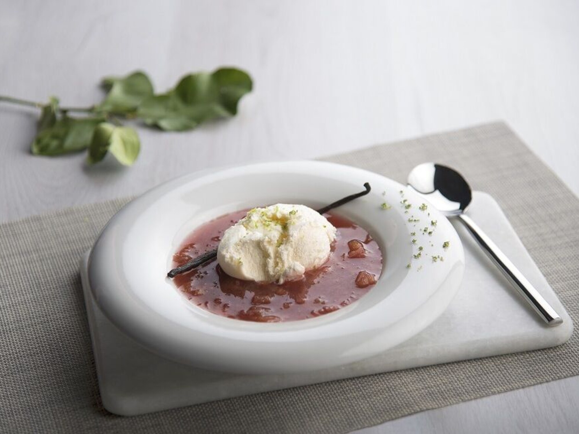Nydelig og frisk rabarbrasuppe med smak av kanel og vanilje. Server med en kule vaniljeis og raspet lime.